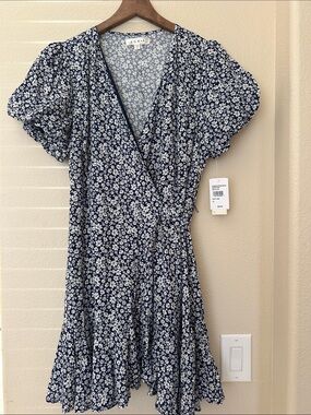 Rowan Navy Floral Wrap Dress with Puff Sleeves